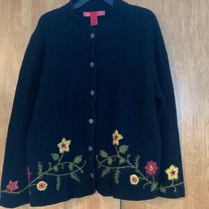 SKYR Vintage 100% Wool Embroidered  Black Cardigan Jacket cozy Cottagecore 3X
